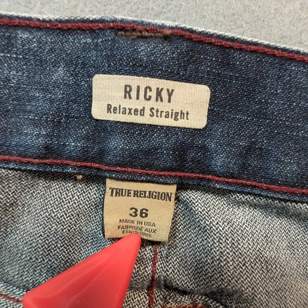 True Religion Ricky Relaxed Straight Jeans‎ Mens 36 Blue Distressed Selvedge